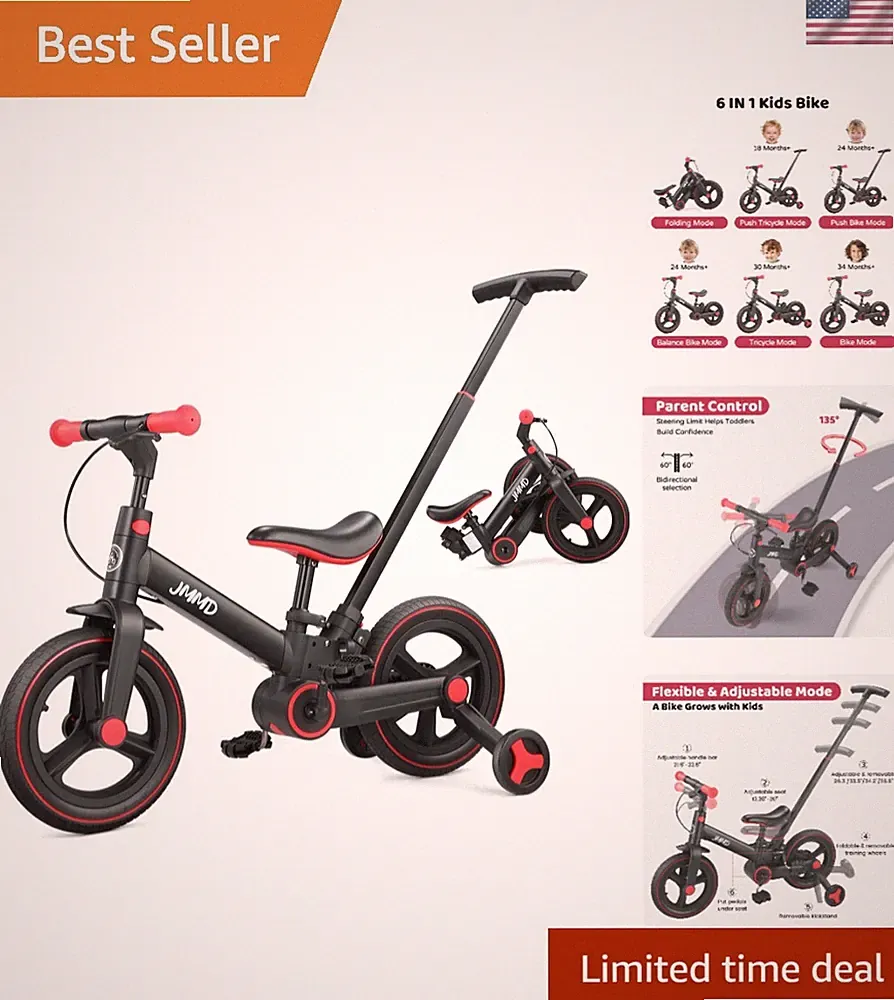 6 in 1 Toddler Bike with Push Handle for Kids 18-60 , 12" Foldable Balance Bi...