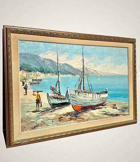 Vintage Signed Original Island Beach Sailing Boat Seascape Framed Oil Painting