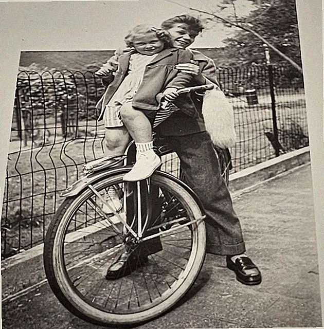 Vintage Snapshot Photo Happy Siblings Posing On Classic Bike Big Brother Smiling